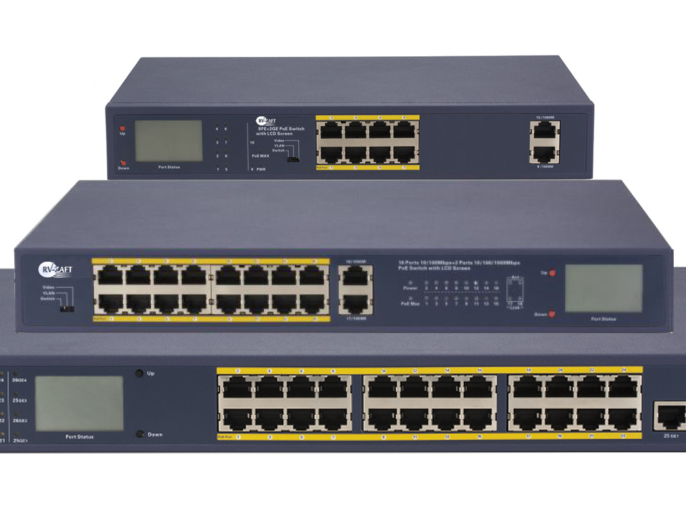 PoE-коммутаторы профессиональной серии RV-ZPLxxx с LCD-дисплеем